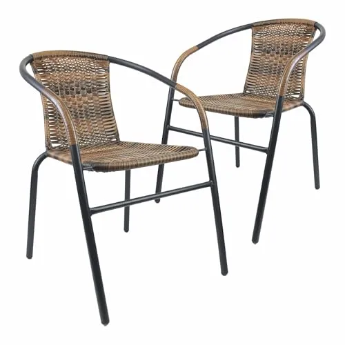 Nexos Trading Bistrostuhl Poly Rattan Stahl-Rahmen Stapelstuhl Balkonstuhl Gartenstuhl (Braun-Schwarz, 2)
