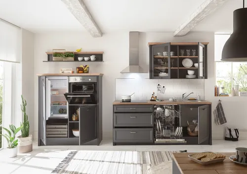 JASMIN Moderne Küchenzeile in Graphit & Artisan Eiche Optik - Geräumige Einbauküche im Landhausstil mit durchdachtem Design. Die 344 x 228 x 60 cm große Küchenzeile vereint Eleganz und Funktionalität und bietet smarte Aufbewahrungslösungen für eine gut organisierte Küche.