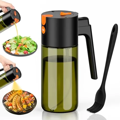 Euqvunn Ölsprüher für speiseöl 500 ml, 2-in-1 Sprüh- und Gießfunktion, lichtblockierendes Glas, Nachfüllbare öl sprühflasche für Küche, Heißluftfritteuse, Salat und Grillen, mit Bürste (Schwarz)
