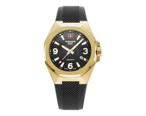 Swiss Alpine Military 7005.1817SAM Herrenuhr - Schwarz/Schwarz - Chronographen, elegante Herrenarmbanduhr mit Schweizer Quarzwerk, bis zu 10 ATM wasserdicht und stilvolles Design mit schwarzem Zifferblatt und goldfarbenem Edelstahlgehäuse.
