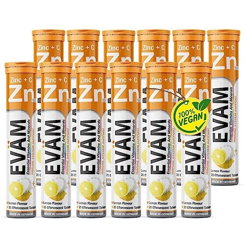 EVÄM Zink plus Vitamin C Brausetabletten I Geschmack Zitrone I 12x 20 Stück I Nahrungsergänzungsmittel zur Unterstützung des Immunsystems I Vegan I Made in Germany