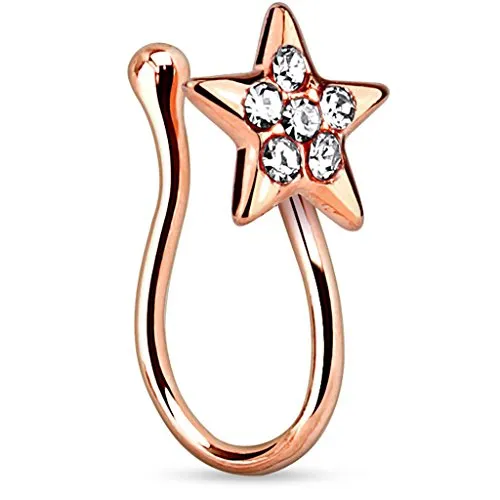 Piercingfaktor Fake Ring Non Piercing Nasenpiercing Nasenring Hoop Clip On Septum Nasenstecker Nase Messing Stern mit Kristallen Rosegold