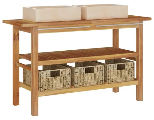 vidaXL Waschtisch mit Creme Marmorbecken aus Massivholz Teak - Stilvoller Badmöbel mit 2 Waschbecken und 3 Körben. Robustes Teakholz sorgt für Stabilität, während das elegante Marmorwaschbecken leicht zu reinigen ist. Ideal für eine praktische und ansprechende Badezimmergestaltung.