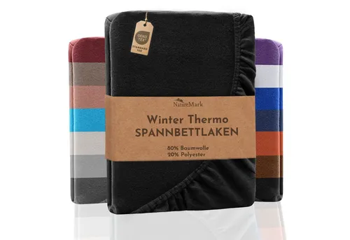 NatureMark Spannbettlaken Winter Thermo Fleece Spannbetttuch, 80% Baumwolle und 20% Polyester, Gummizug: rundum, (1 Stück), 90 x 190 bis 100 x 200 cm - Schwarz