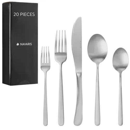 Navaris Edelstahl Besteck Set für 4 Personen - 20-teiliges Set in Satin Silber - Elegantes 20-teiliges Besteckset aus rostfreiem 18/0 Edelstahl, ideal für jeden Anlass. Spülmaschinenfest und mit modernem Design bringt es Stil auf deinen Tisch.
