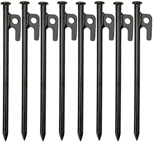 KAHEIGN 8Pcs Zelt Heringe Stahl Erdnägel, 20cm Stabil Camping Zeltheringe aus Hochfester Geschmiedeter Stahl mit Haken und Loch für Camping und Outdoor Wandern