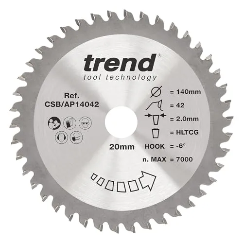Trend Kreissägeblatt aus Aluminium und Kunststoff, 140 mm Durchmesser, 20 mm Bohrung, 42 Zähne, 2 mm Schnittfuge, -6° Haken, TCT, extrafeine Oberfläche, CSB/AP14042