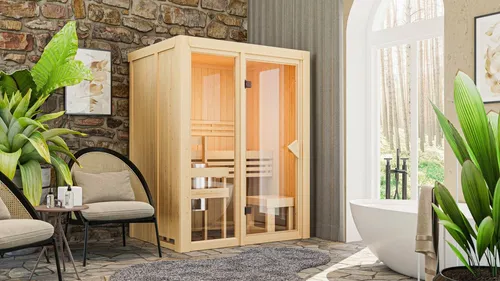 Karibu Sauna Alani 1 – 155 x 122 x 198 cm, 68 mm Wandstärke - Diese Elementsauna bietet hohe Energieeffizienz dank 68 mm Wandstärke und Mineralwolldämmung. Mit kompakten Maßen ideal für entspannende Momente. Lieferung inklusive Ofenschutzgitter.