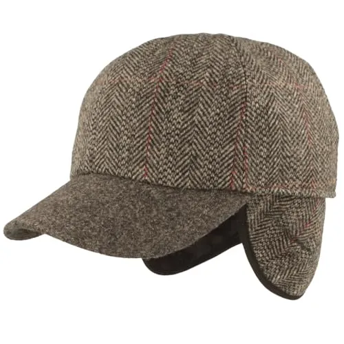 Breiter Winter Baseballcap Schirmmütze Baseball Kappe ausklappbarem Ohrenschutz Basecap aus Wolle - Grau Fischgrät Karo 56