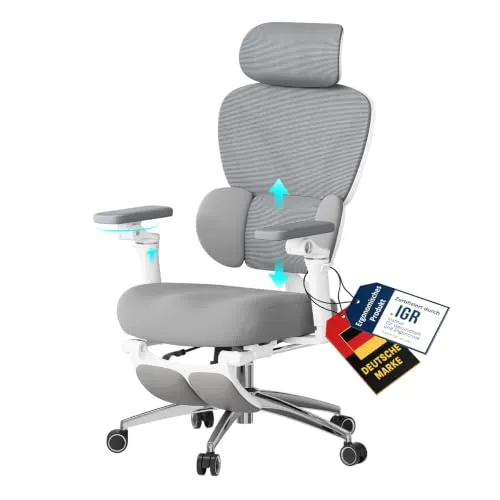 WOLTU Ergonomischer Bürostuhl mit Fußstütze, Grau+Weiß