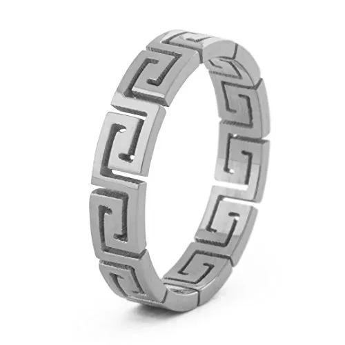 Akitsune Argius Ring | Eleganter Damen Ring mit Griechischen Ornament Muster | Design-Ring für Frauen und Herren Edelstahl Filigran Mäander - Silber - US 7