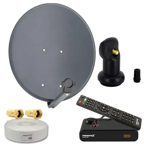 PremiumX Satelliten-Komplettanlage 60cm mit Single LNB und 10m Antennenkabel - SAT-Antennen für 1-Teilnehmer, wasserdicht und UV-beständig, ideal für 4K Ultra HD und Full-HD Empfang, inkl. HDMI-Kabel und Fernbedienung