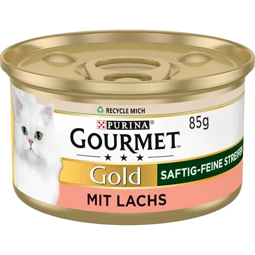 Gourmet Gold Saftig-feine Streifen, Katzenfutter nass, mit Lachs, 12er Pack (12 x 85g)