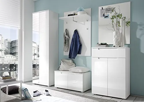 Stella Trading SPICE Flurgarderoben Set - Hochglanz Weiß für Ihren Eingangsbereich - Moderne Garderobenkombi mit viel Stauraum für Jacken und Schuhe. Der elegante Hochglanz sorgt für ein individuelles Ambiente. Einfache Montage für jeden!