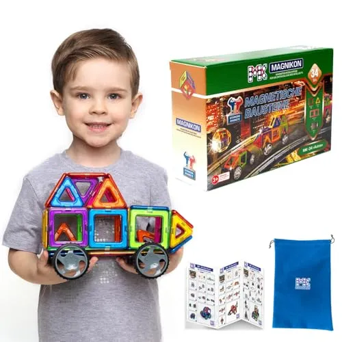MK MAGNIKON Magnetische Bausteine, 34-teiliges Konstruktionsspielzeug für kreative Kinder - Magnetische Bausteine für Kinder ab 3 Jahren, aus hochwertigem, BPA-freiem Kunststoff, fördern Kreativität und Motorik - sicher und langlebig.