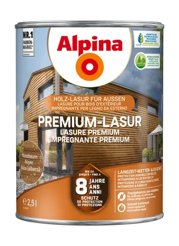 Alpina Lasur Premium-Lasur 2,5 Liter seidenmatt - Holzlasuren mit bis zu 8 Jahren Wetterschutz, ideal für raue Witterungsbedingungen und UV-Schutz für langlebige Holzpflege.