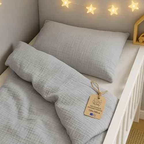Musselin Bettwäsche Kinderbettwäsche 135x100 cm - Bettwäsche-Set aus hochwertigem Baumwoll-Musselin mit Oeko-Tex-Zertifikat, ideal für empfindliche Babyhaut und sorgt für optimalen Schlafkomfort das ganze Jahr über.