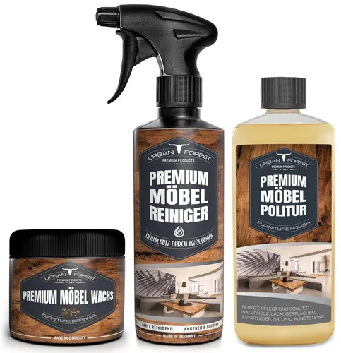URBAN FOREST Sparset Möbelreiniger 500ml + Möbelpolitur 500ml + Möbelwachs 250ml - Bodenpflege-Set für Holz-, Möbel- und Lederpflege, enthält natürliche Inhaltsstoffe wie Avocadoöl für eine schonende Reinigung und Pflege.