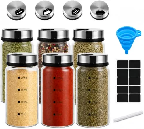 6x200ml Gewürzgläser Set Glas, Gewürzstreuer mit Streueinsatz & Messskala | Luftdicht Gewürzdosen Set, Gewürzbehälter mit Etiketten & Trichter & Marker, Spice Jars für Küchen Gewürz Organizer-Outdoor
