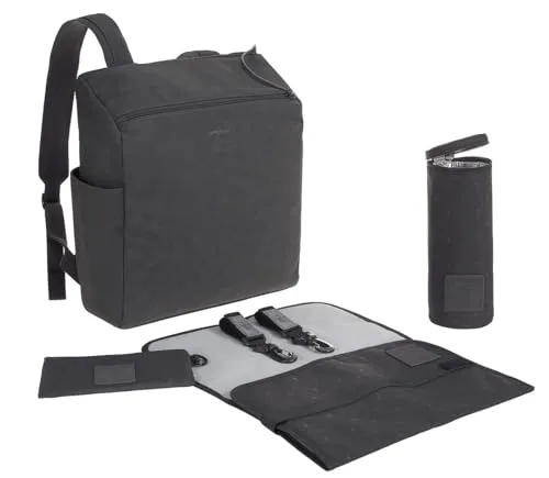 LÄSSIG Baby Wickelrucksack – Veganes Leder, anthracite - Wickeltasche mit wasserabweisender Wickelunterlage und isoliertem Flaschenhalter. Viele praktische Fächer für optimale Organisation, stylisch und funktional.