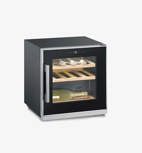 SEVERIN SEVINZO 14 Weinkühlschrank, Singlezone Weinkühler für 14 Flaschen, hochwertiger Wine Fridge mit Touch Steuerung und 3 Holzböden, Schwarz / Edelstahl Rahmen, WKS 8892