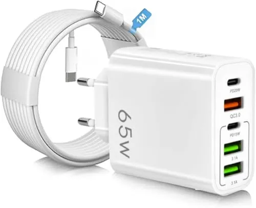 Ladeset 65W Ladegerät, 5 USB-C Ports mit Schnellladekabel Typ C. Multiport Ladegerät PD20W/QC3.0 mit USC Schnellladekabel USB C, Netzteil, Multi-Port Charger für Allen Handys, auch Galaxy und iPhones