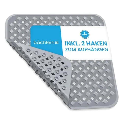 Bächlein PVC Duschmatte Grau – Antirutsch Duscheinlage 53x53 cm mit Haken zum Aufhängen, Hygienisch & Schimmelresistent, BPA- & Latexfrei, Maschinenwaschbar
