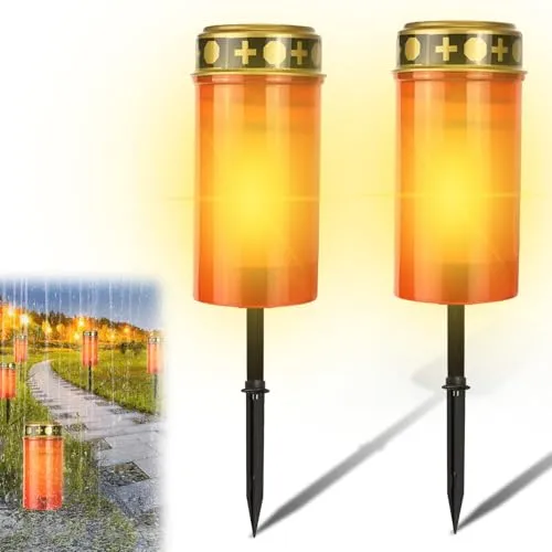 Produktbild Vaileal 2 Stück Grablicht: Grablicht Solar, Grableuchte Solar, Wasserdichtes Outdoor Friedhofskerze Solarbetrieben mit Lichtsensor, Grabkerze mit Erdspieß, Kerzen Outdoor, 7 x12 cm