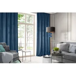 Design91 Vorhang Samtvorhänge Wohnzimmer Schlafzimmer Blickdicht Ösen Velours Velvet, Kräuselband blau 135 cm x 300 cm