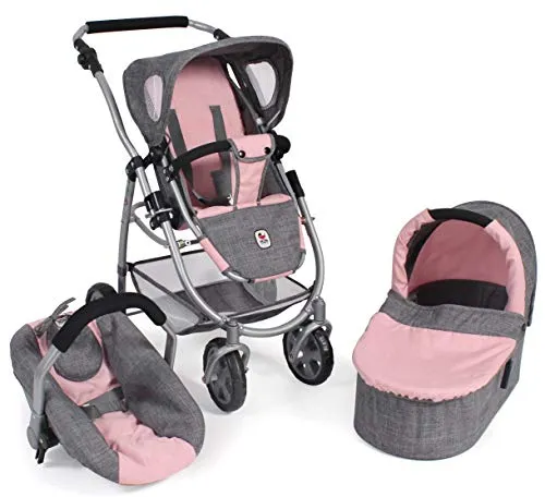 Puppenwagen Emotion All In - 3in1 Puppenwagen-Set in Melange Grau-Rosa, inklusive Babywanne, Sportsitz und Autositz, sicher und vielseitig einsetzbar