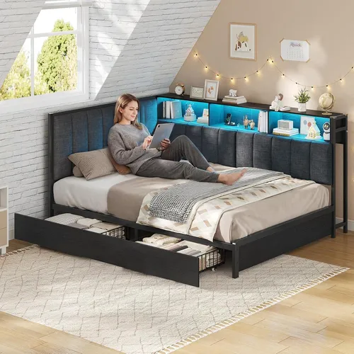 KIMENICH Polsterbett Jugendbett mit LED-Beleuchtung und USB-Ladestation 140 x 190 cm