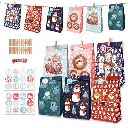 ONEHAUS Adventskalender 2025, Adventskalender zum befüllen groß, Geschenk Papiertueten Zum Selber Befüllen Basteln Pinguin Advents Tüten, Adventskalender 2025 Kinder selberfüllen