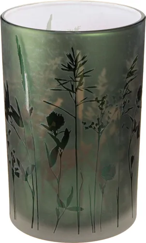 Windlicht Glas Weiß Grün 18cm mit Wiesen-Motiv - Elegantes Windlicht im Landhausstil, ideal für Frühlingsdekoration. Hergestellt aus hochwertigem Glas, sorgt es für eine stimmungsvolle Atmosphäre und ist perfekt für Kerzen oder als Vase.