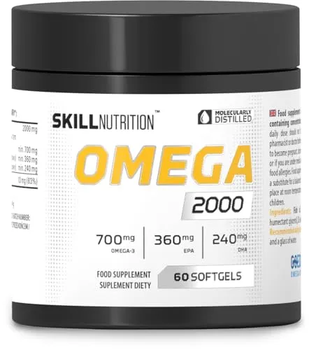 SKILL Nutrition Omega 2000 | 60 Kapseln | 800 mg EPA + 400 mg DHA pro Portion | Hohe Reinheit | Kein fischiger Nachgeschmack | Für Herz, Gehirn, Sehkraft | Nahrungsergänzungsmittel