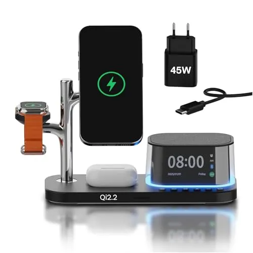 MMOBIEL 5-in-1 Kabellose Ladestation mit Wecker und Bluetooth-Lautsprecher – Schwarz
