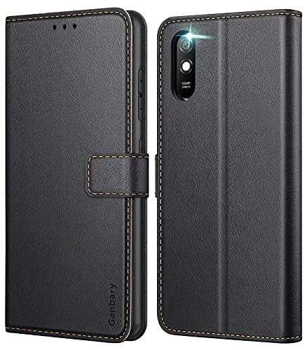 Ganbary Handyhülle für Xiaomi Redmi 9A Hülle, Premium Leder Tasche Flipcase [Kartenschlitzen] [Magnetverschluss] [Standfunktion] kompatibel mit Redmi 9A Schutzhülle, Schwarz