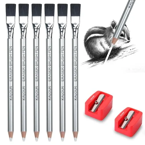 KALOUR Radierstifte-Set – 6 Radiergummis mit Pinsel und 2 Spitzer, ideal zum Skizzieren und Korrigieren von Zeichnungen