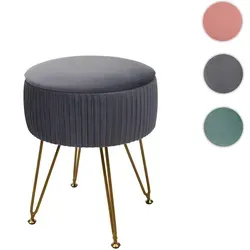 Sitzhocker HWC-K47, Hocker mit Staufach, Ø 33cm, Samt-Optik ~ hellgrau, Gestell gold