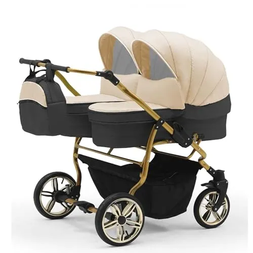 Zwillingskinderwagen 2 in 1 Duet Lux Goldedition - Kinderwagen-Set mit 10 Teilen, ideal für Zwillinge oder Geschwister, inkl. höhenverstellbarem Griff und 360° schwenkbaren Vorderrädern für maximalen Komfort.