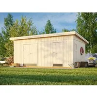 Gerätehaus Kalle 16,9 m² - Gartenhaus aus unbehandelter nordischer Fichte, ideal zur Selbstmontage. Mit modernem Design, 88 mm Wandstärke und praktischen Doppeltüren für einfachen Zugang.