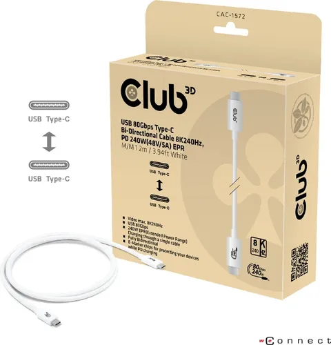 Club3D USB C Kabel 1,2m - PD240W, 8K240Hz, 80Gbps - Sonstige - Hochgeschwindigkeits-USB C Kabel mit 240W Power Delivery und 8K Auflösung, ideal für Gaming und professionelle Anwendungen.