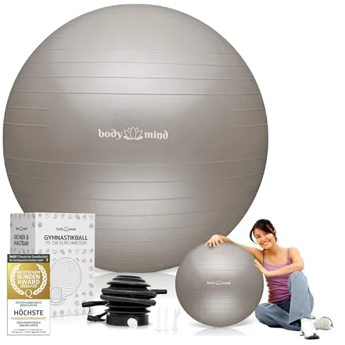 Body & Mind Gymnastikball inkl. Luftpumpe - Anti-Burst Pilates Ball, Pezziball für Schwangerschaft Ergonomischer Sitz als Büro-Stuhl, Sitzball für Yoga, Gymnastik & Workout (Beige, 75 cm)