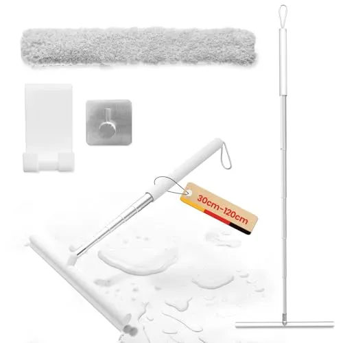 Duschabzieher Langer Stiel, Fensterwischer und Fensterabzieher 2 in 1, Abzieher Dusche Boden, 120CM Teleskopstange Wasserschieber Bodenabzieher, Fensterreinigungsset, Glaswischer für Dusche (Weiß)
