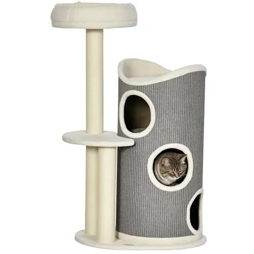 PawHut Kratzbaum 109 cm - Katzenbaum mit Kratztonne und Katzenbett - Aktivitätskratzbaum mit stabiler Konstruktion, Sisalsäulen und weichem Plüschbezug für sicheren Spiel- und Entspannungsplatz. Ideal zum Krallen schärfen und Möbel schonen.
