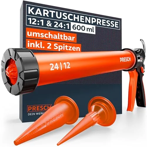 Presch Kartuschenpresse 600ml - Flexibel und Ergonomisch für alle Dichtstoffe - Kartuschenpresse mit umschaltbarem Schubverhältnis (24:1 & 12:1) und 360° drehbarem Design für maximale Flexibilität. Ergonomischer Griff für weniger Handermüdung und beeindruckende 200 kg Schubkraft.