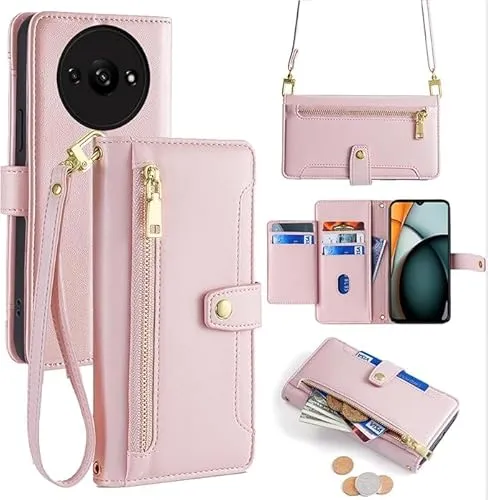betterfon Handykette kompatibel mit Xiaomi Redmi A3 | Leder Handyhülle mit Kartenfächern | Handyhülle zum Umhängen | Rosa