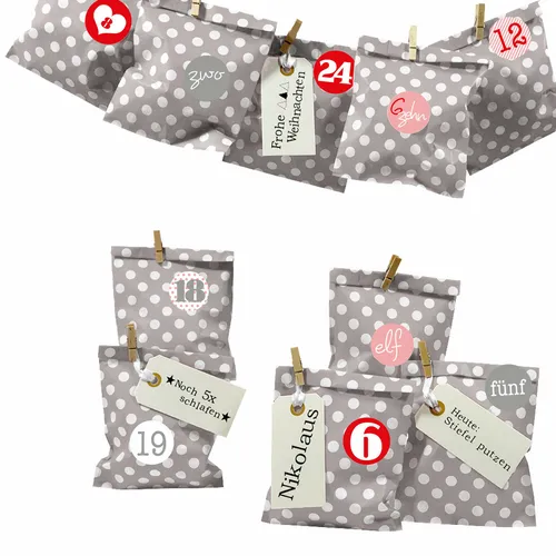 DIY Adventskalender Bescherung taupe Punkt Papiertueten flach Ziffern rosa-rot