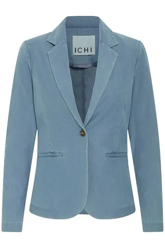 ICHI IHKATE Damen Blazer - Eleganter Longblazer in Kate Denim Light Blue - Blazer für Damen, Regular fit aus nachhaltig produzierter Baumwolle, ideal für Büro und Freizeit, vielseitig kombinierbar und super bequem.