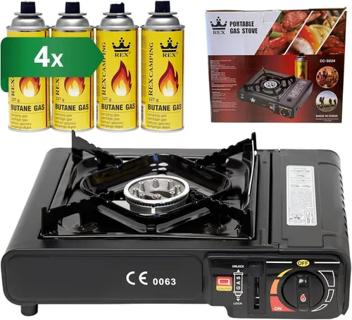 Camping Gaskocher mit Grillplatte und 4 Gaskartuschen