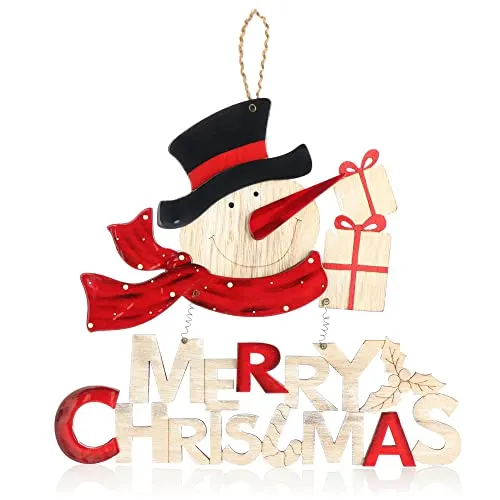 com-four® Hängedeko Weihnachten - Holz-Aufhänger Schriftzug mit Schneemann - Türschild Christmas aus Holz - Hänger für Türen, Wände, Fenster